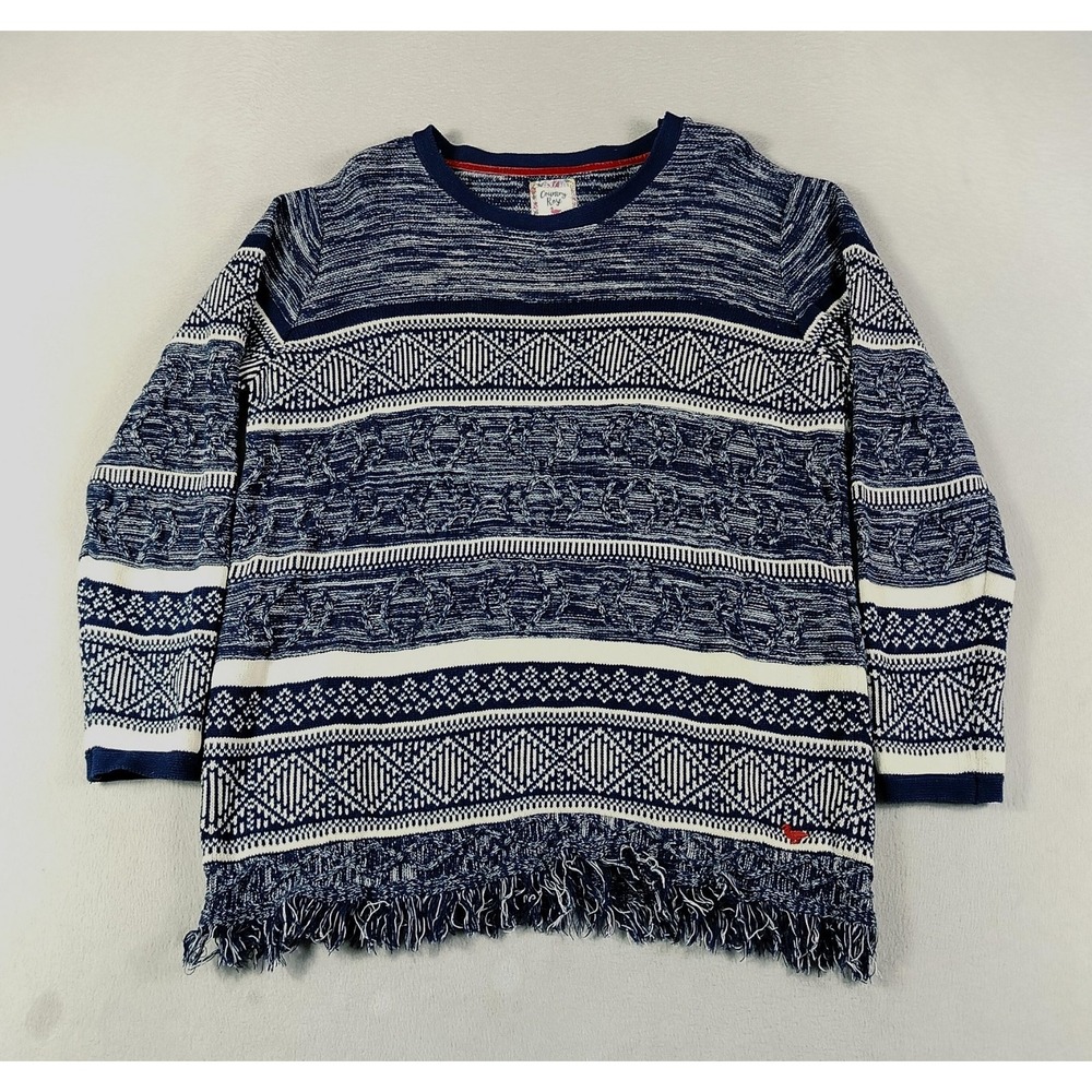 Country Rose Womens Navy Blue White Fair Isle Knit Sweater Large Fringe Hem